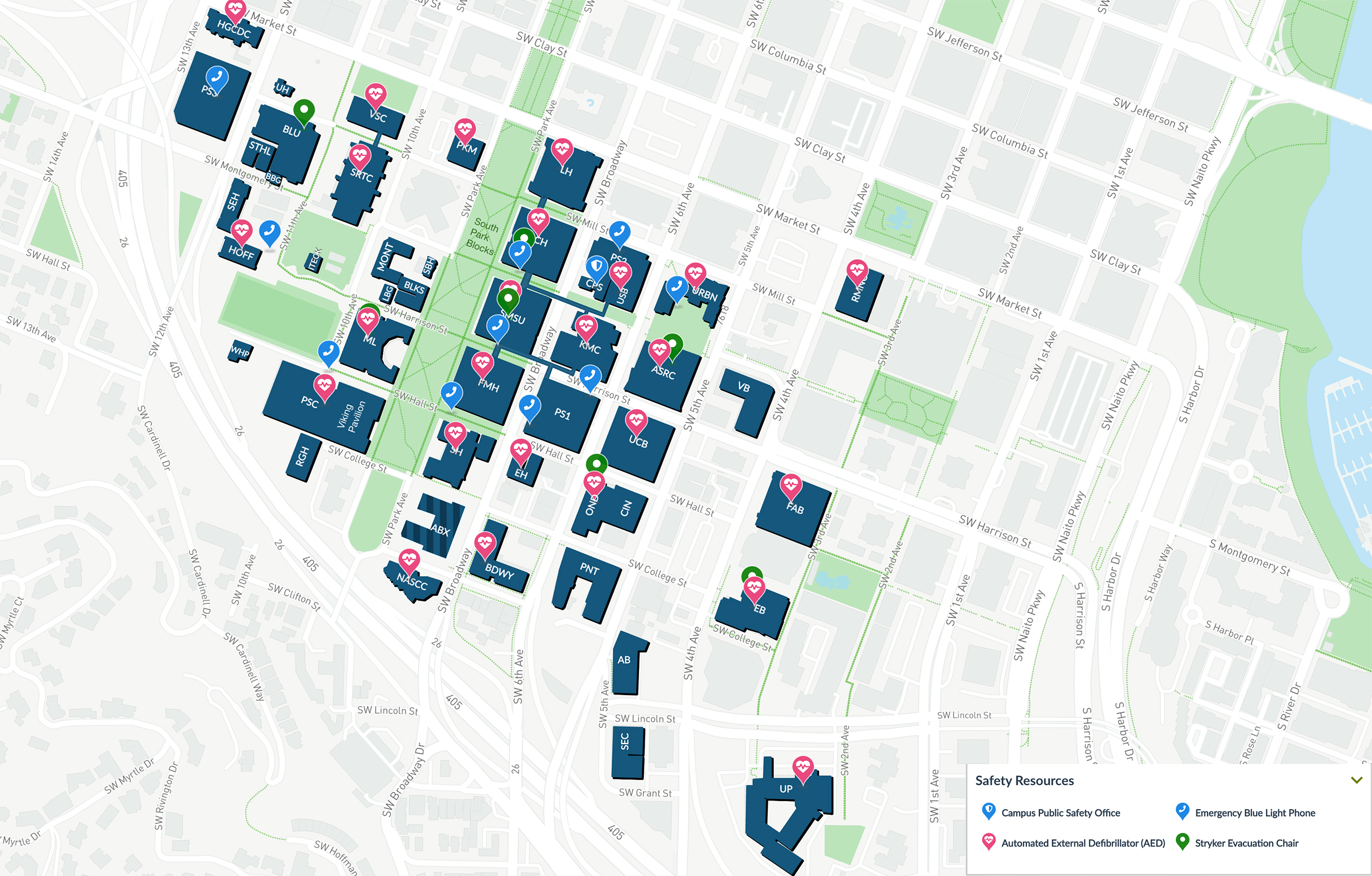 Campus map of blue light phone locations